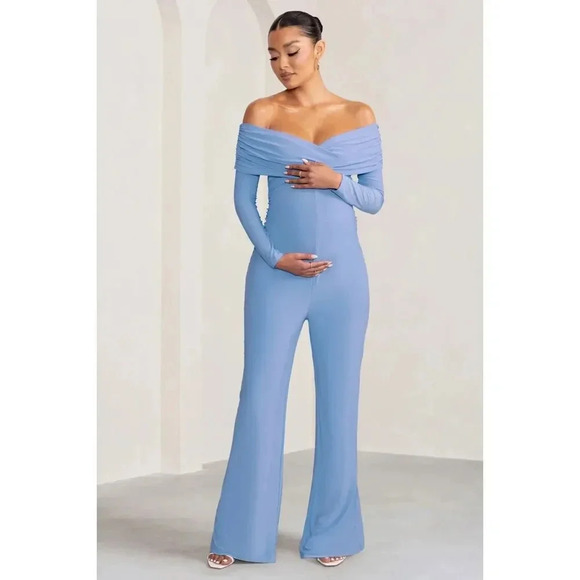 Club L London Nuala Powder Bardot Maternity Jumpsuit - Picture 1 of 7